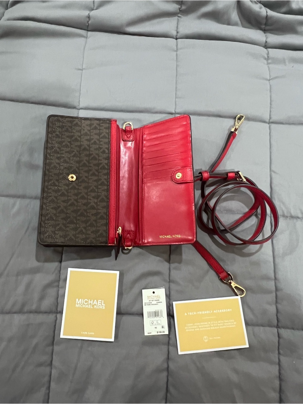 Michael Kors Hot Pink and Brown Signature Studded Crossbody Wallet - Picture 13 of 14
